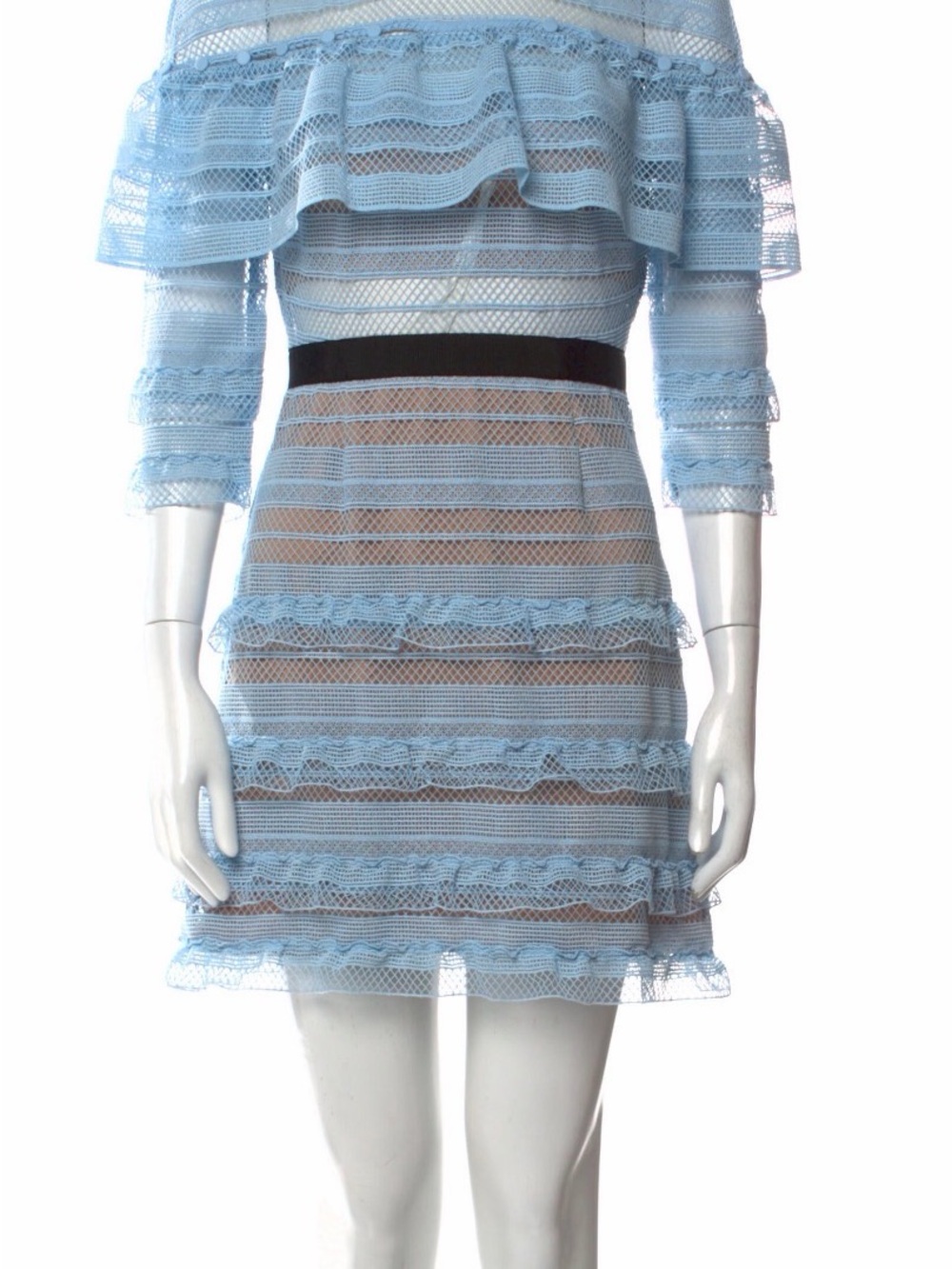 Self-Portrait Light Blue Lace Mini Dress with Black Waistband
